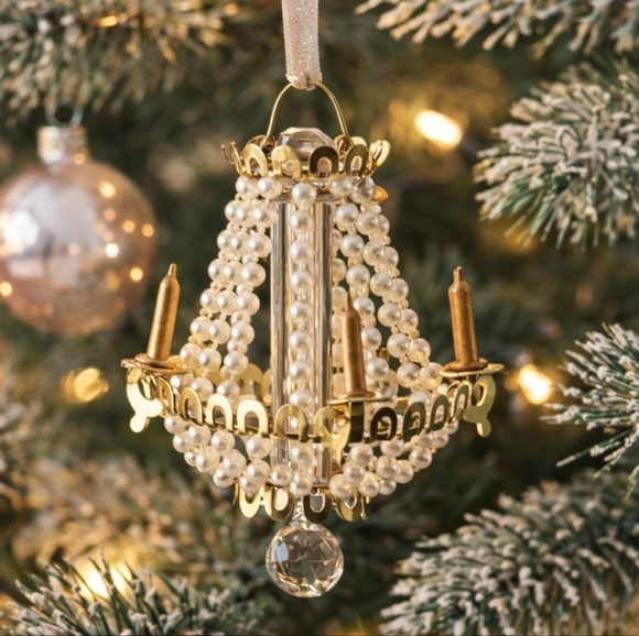 Vintage Other - Mini Pearl Chandelier Ornament – Gold Tone & Crystal Drop – 4" Vintage Style